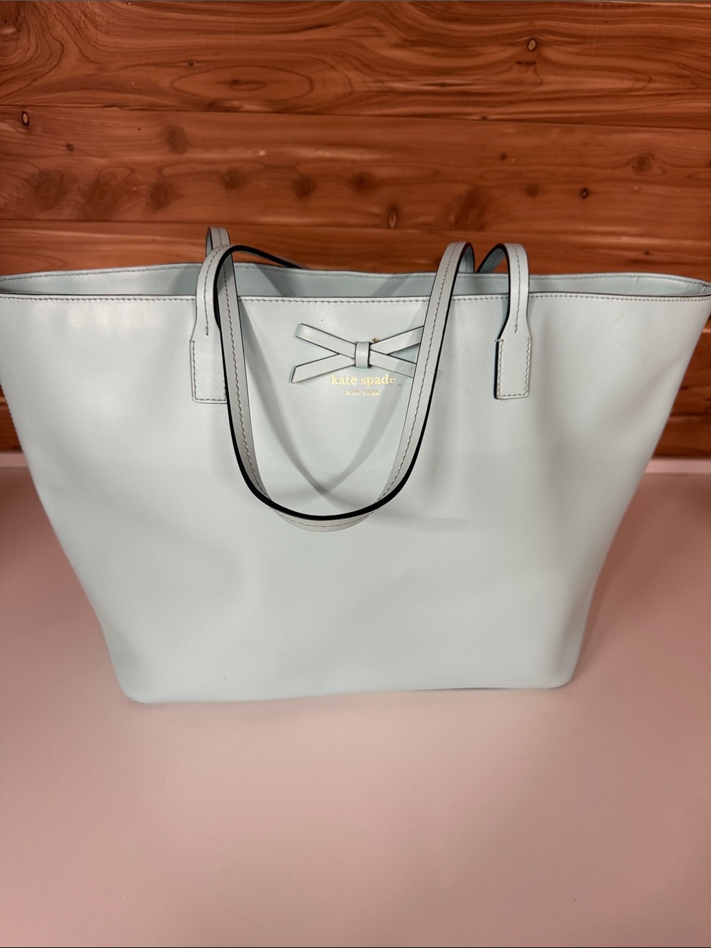 kate spade Light Blue Leather Tote with Bow Accent